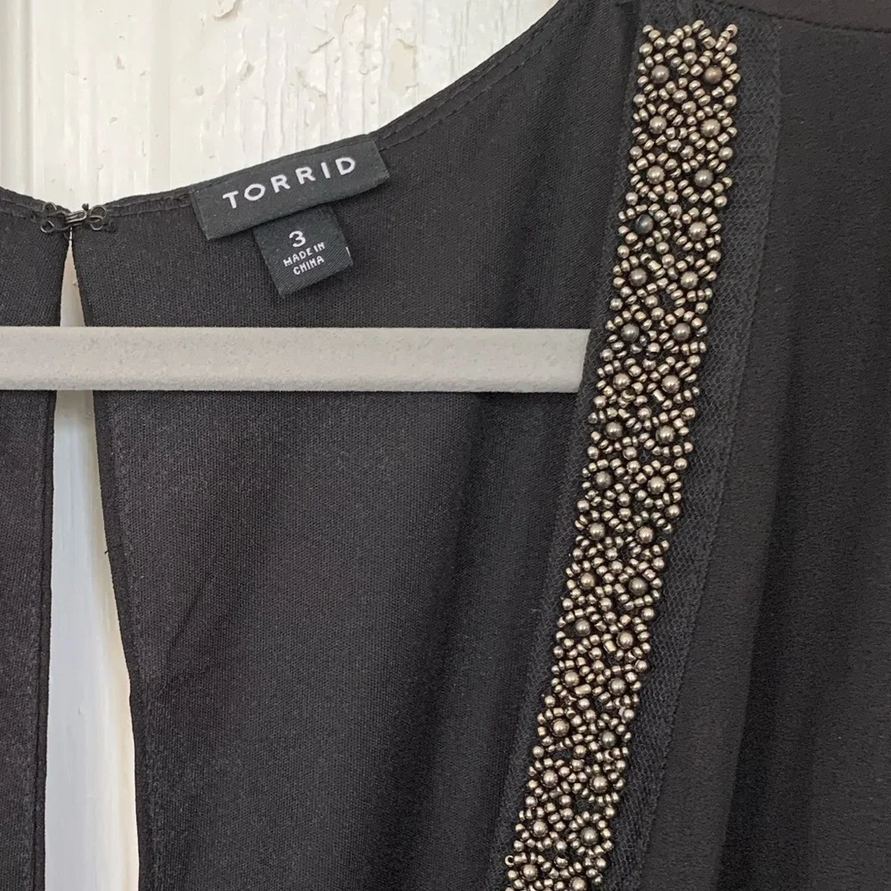 Torrid Black Crepe & Chiffon Romper with Gold Trim, Size 3 - Picture 2 of 6